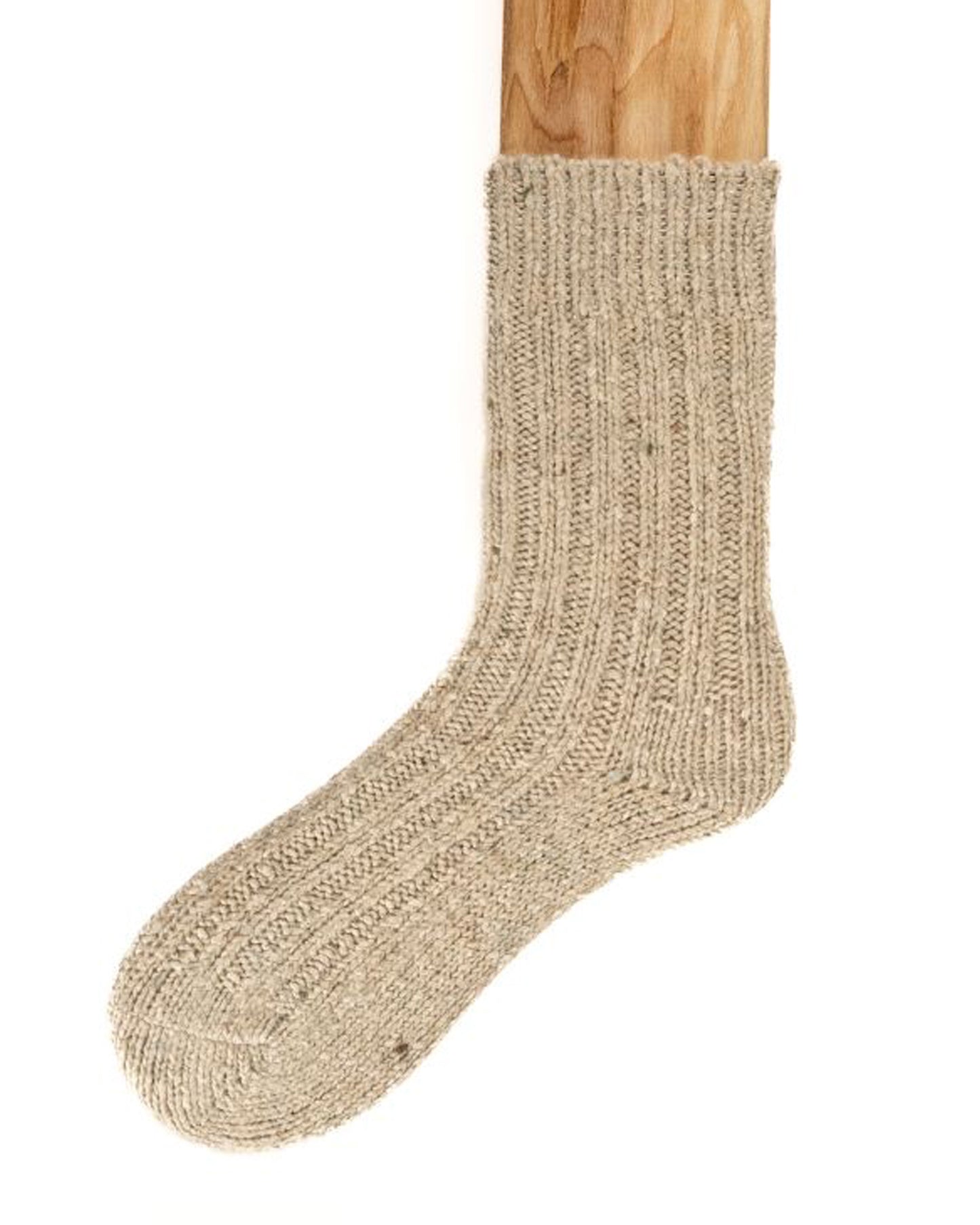 Chunky oat beige coloured ribbed knitted wool mix ankle socks with plain sole and a fleck throughout. Made in Ireland by Connemara Socks.