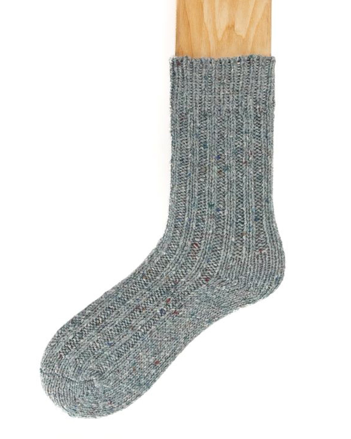 Chunky light pale blue coloured ribbed knitted wool mix ankle socks with plain sole and a fleck throughout. Made in Ireland by Connemara Socks.