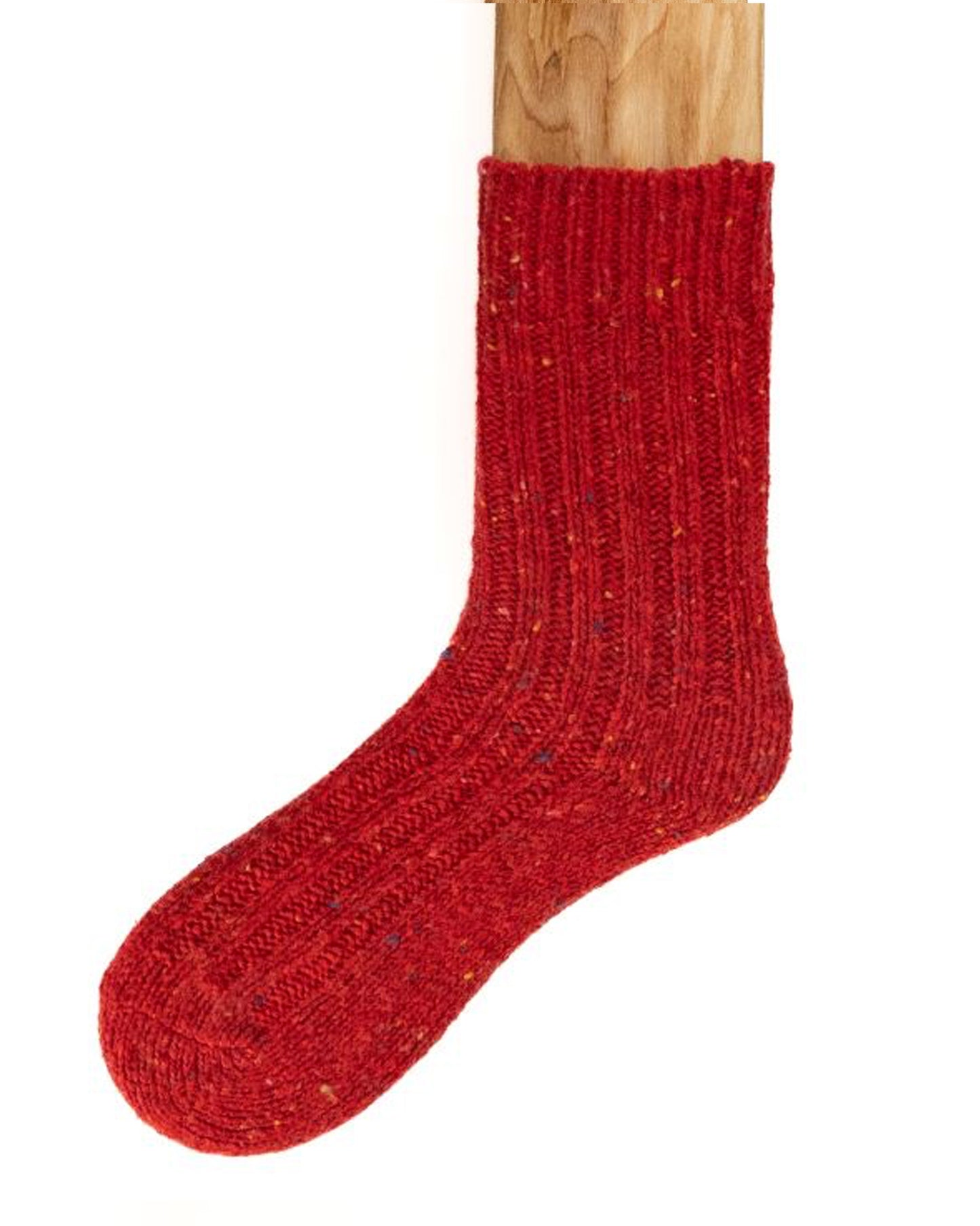 Chunky red coloured ribbed knitted wool mix ankle socks with plain sole and a fleck throughout. Made in Ireland by Connemara Socks.