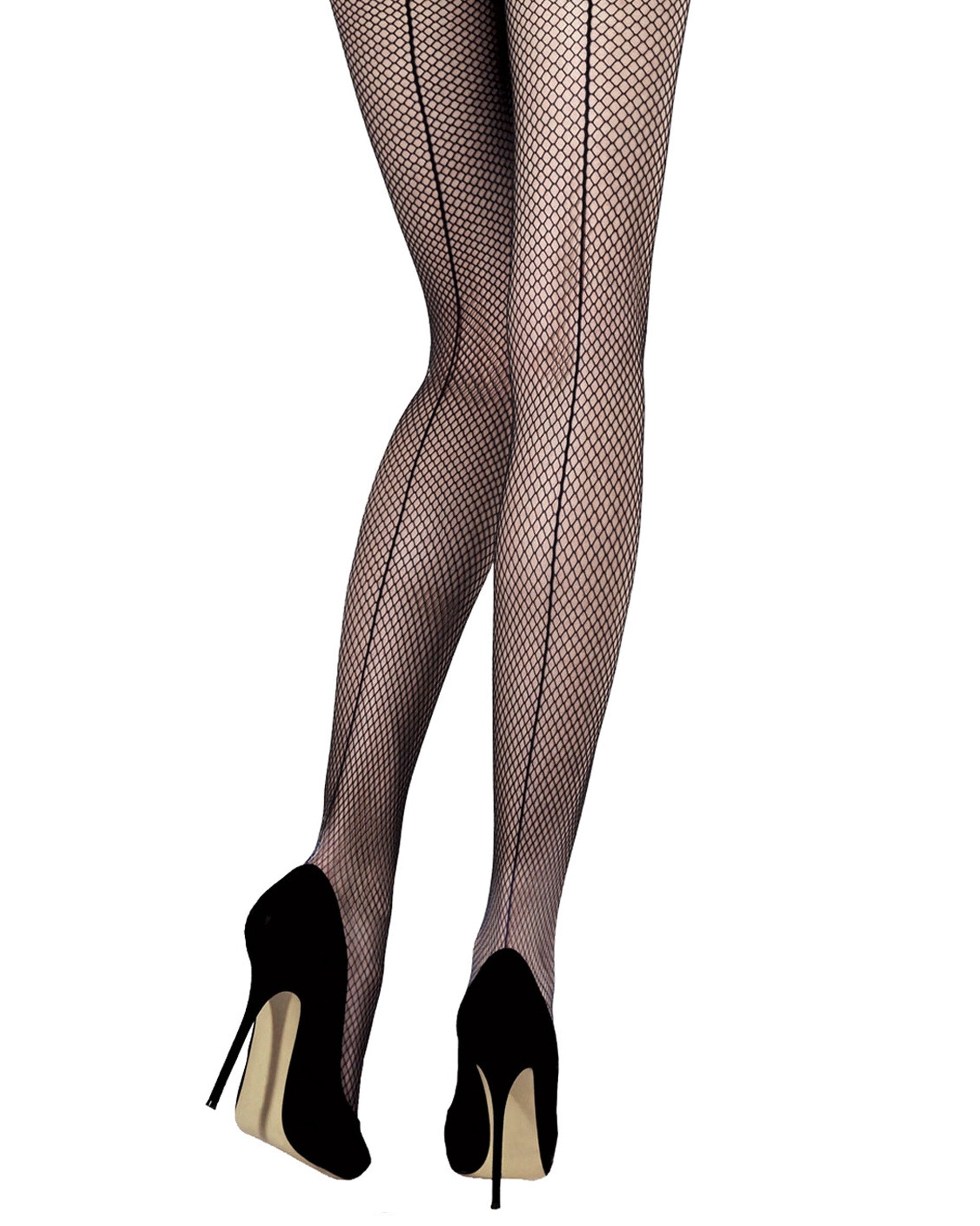 Back Seam Fishnet Tights - Black classic fishnet tights with a back seam line.