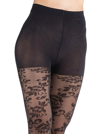 Emilio Cavallini Bouganvillea Tights - Sheer black fashion tights with an all over woven floral lace style pattern with reinforced boxer top