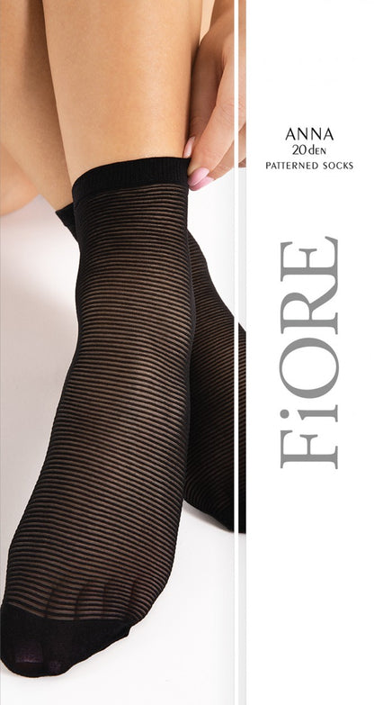 Fiore Anna Sock - Sheer black fashion ankle socks with a thin horizontal lined pattern, plain thin cuff and opaque toe.