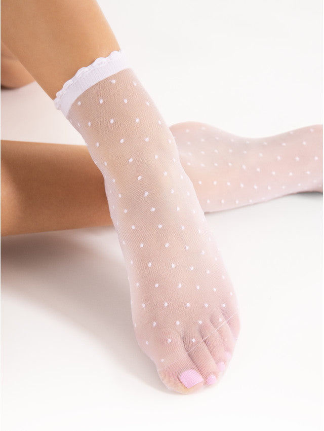 Fiore Bella Socks - Sheer black fashion ankle socks with an all over spot pattern and scalloped edged cuff.