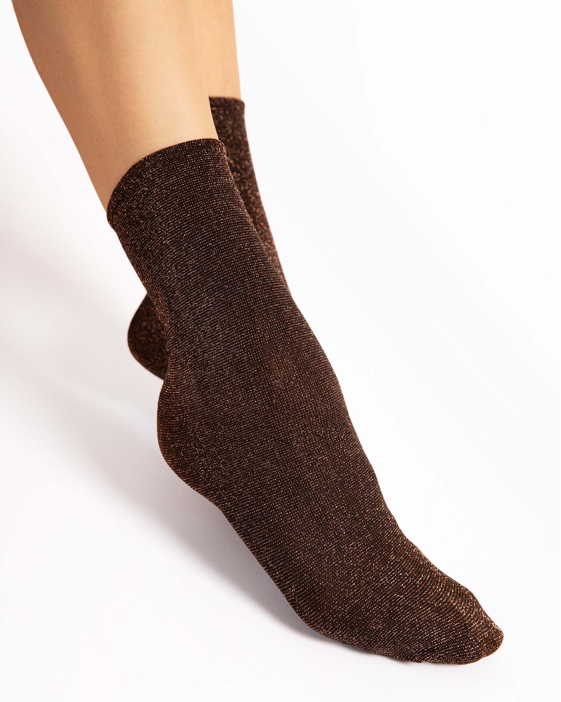 Fiore Bestie Socks - Black opaque tube ankle socks with sparkly copper bronze lurex woven throughout.