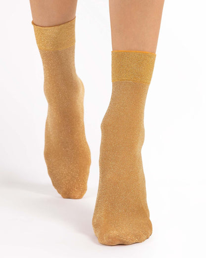 Fiore Brillo Sock - Sparkly yellow gold glitter lurex crew length ankle socks with a deep comfort cuff and invisible reinforced toe.