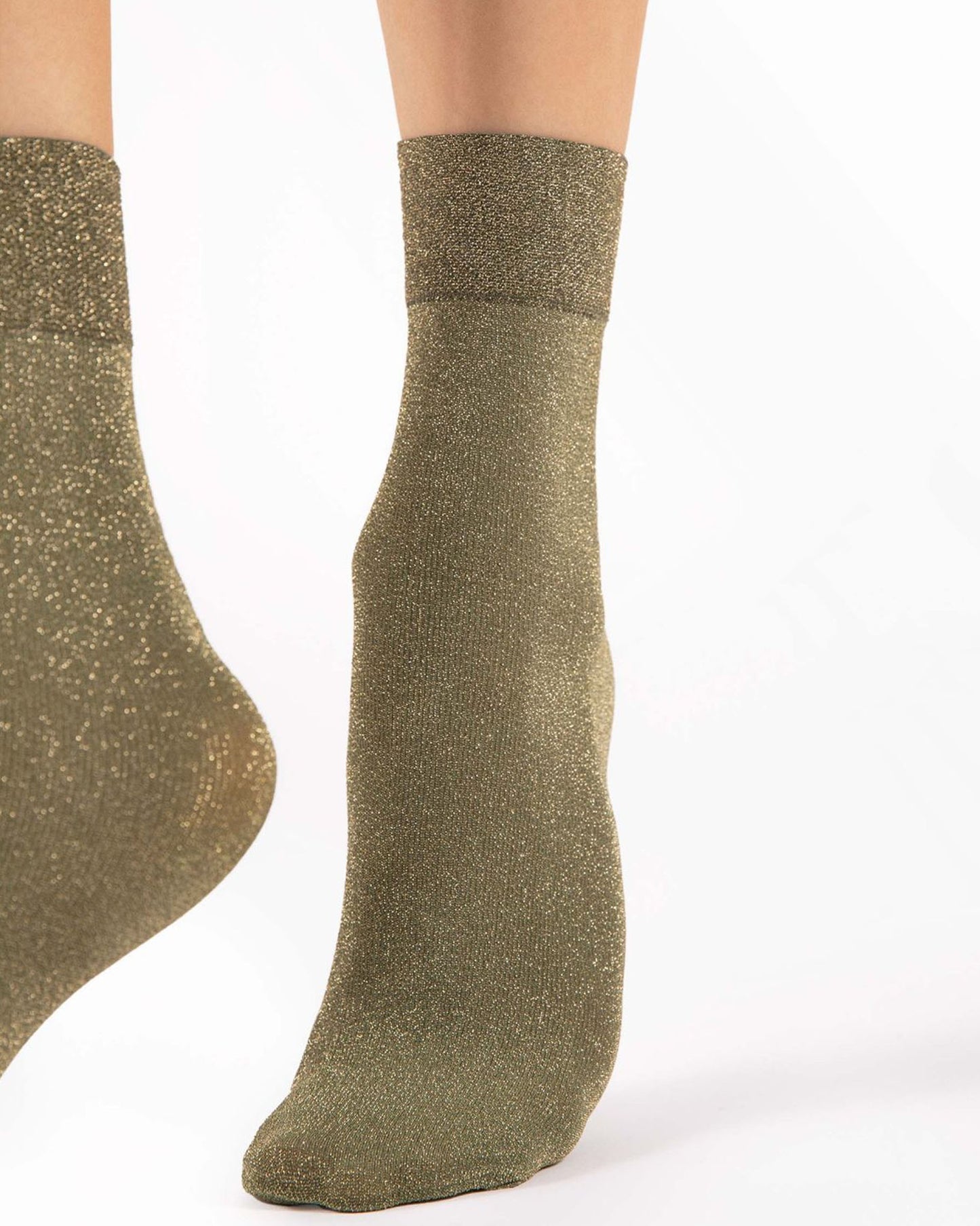 Fiore Brillo Sock - Sparkly khaki green and gold glitter lurex crew length ankle socks with a deep comfort cuff and invisible reinforced toe.