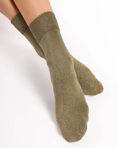 Fiore Brillo Sock - Sparkly khaki green and gold glitter lurex crew length ankle socks with a deep comfort cuff and invisible reinforced toe.