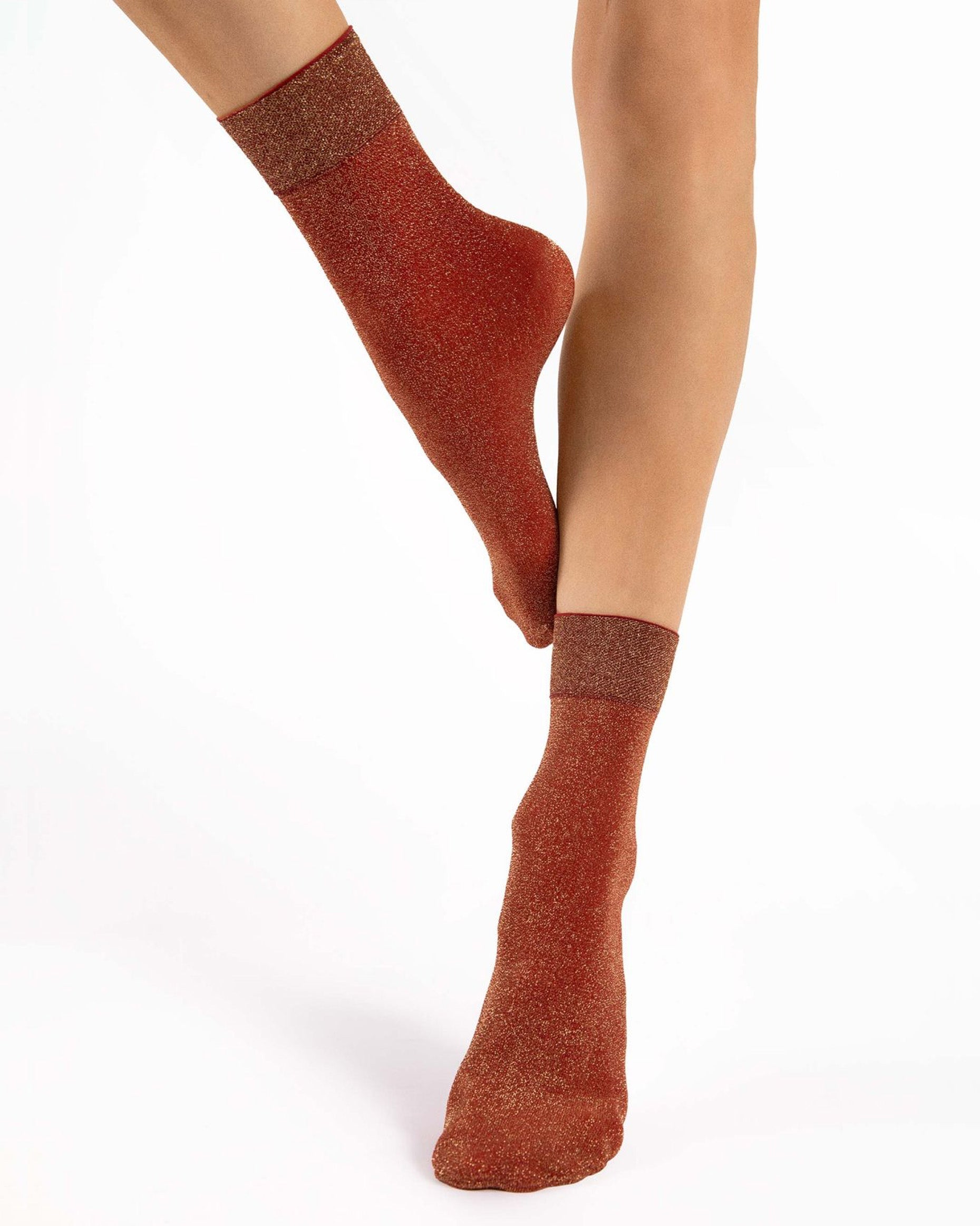 Fiore Brillo Sock - Sparkly rust and gold glitter lurex crew length ankle socks with a deep comfort cuff and invisible reinforced toe.