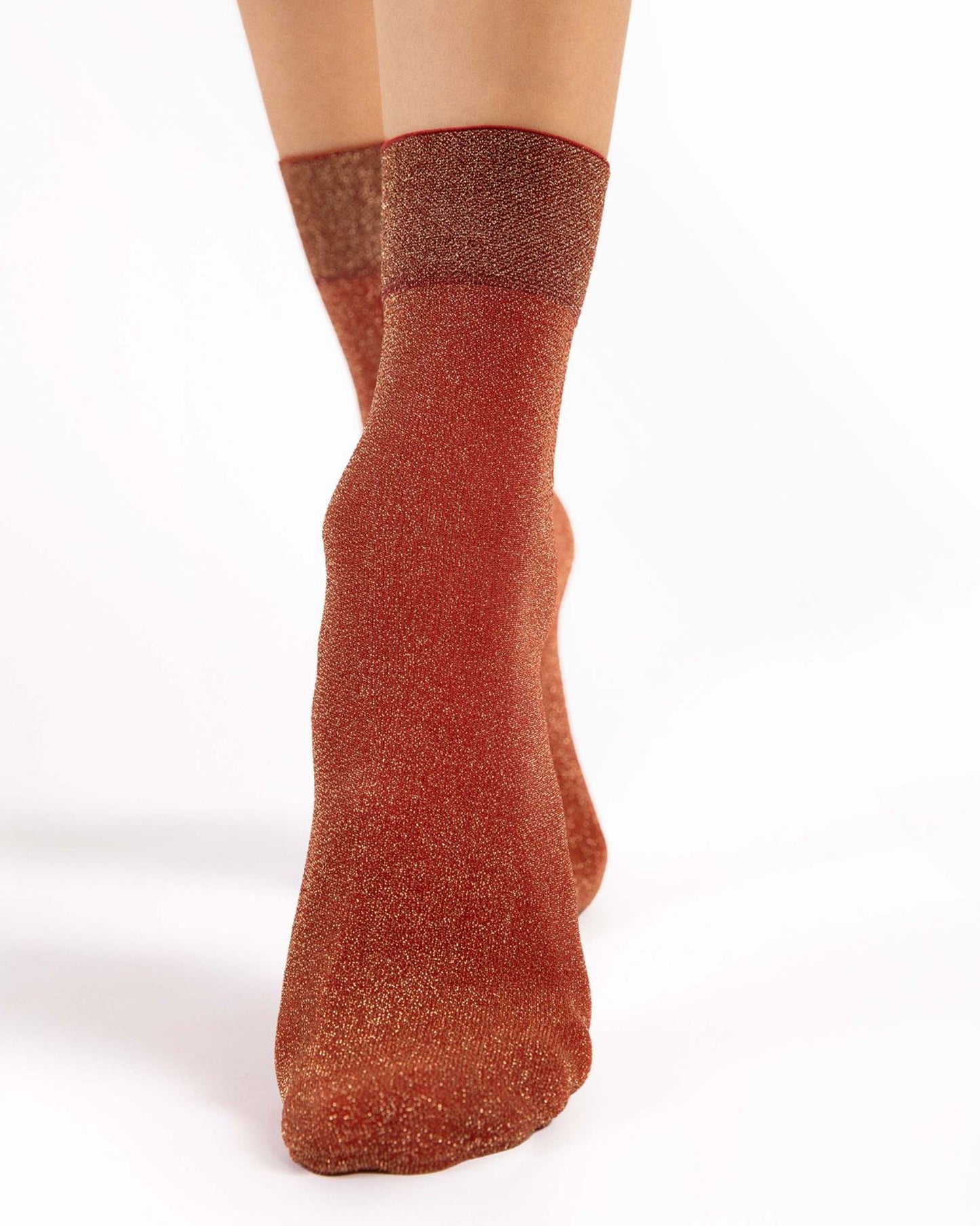 Fiore Brillo Sock - Sparkly rust and gold glitter lurex crew length ankle socks with a deep comfort cuff and invisible reinforced toe.