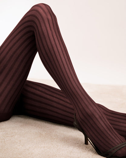 Fiore Colour Story Tights - Semi-opaque wine fashion tights with a two toned vertical stripe and gloss shine finish.