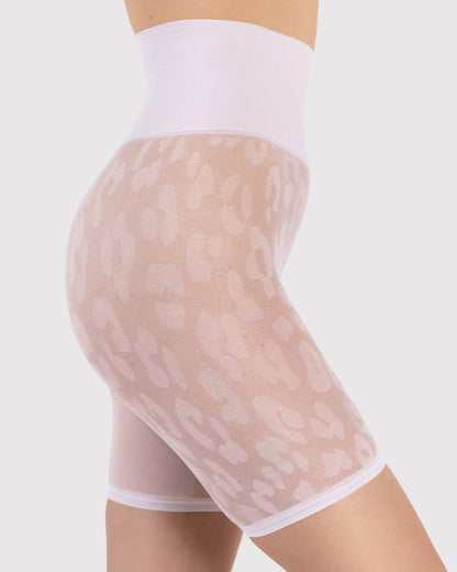 Fiore Cristina Shorts - White semi-sheer micro mesh anti-chafing shorts with a leopard print pattern and high, deep slimming waist band. Side view.