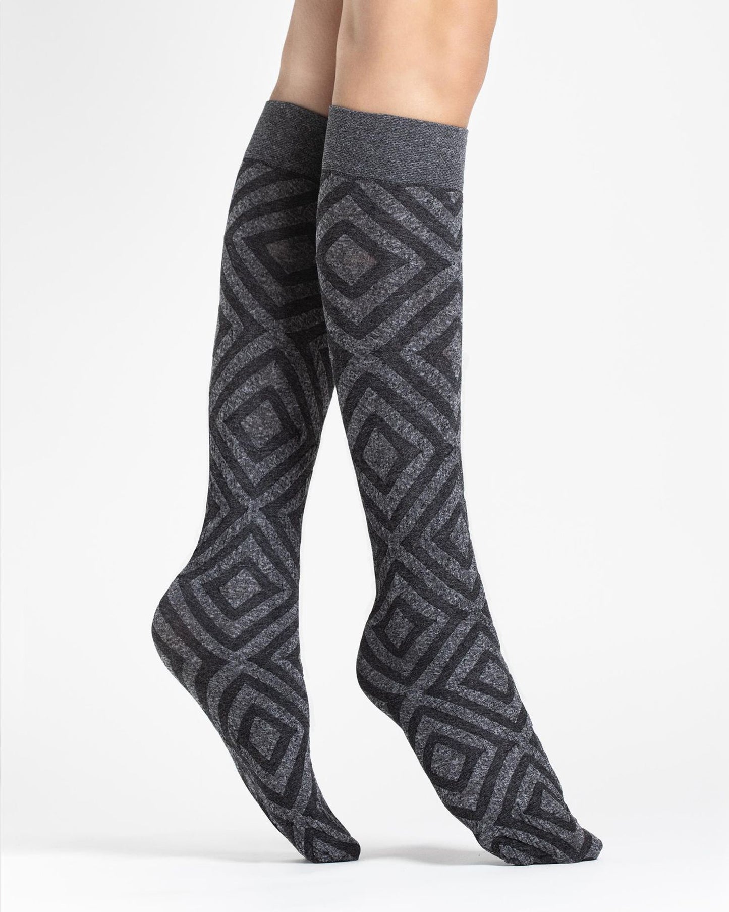 Fiore Deva Knee-High Socks - Grey opaque fashion knee-high socks with a diamond geometric Aztec style pattern in dark grey.