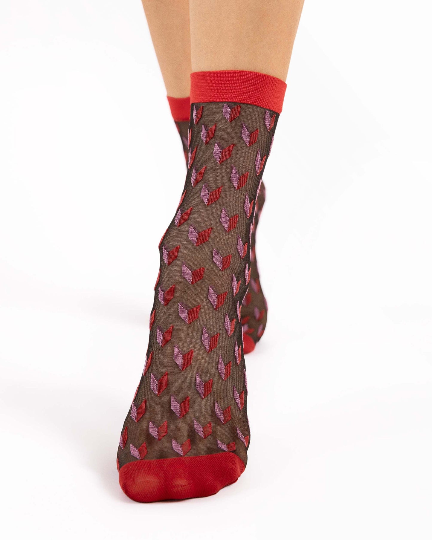 Fiore Dizzy Socks - Sheer black fashion ankle socks with an all over cube heart style pattern in red and light pink and a plain red cuff.