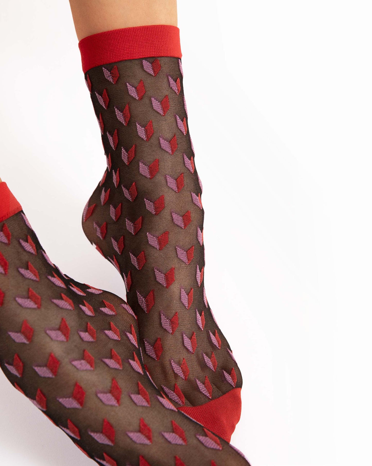 Fiore Dizzy Socks - Sheer black fashion ankle socks with an all over cube heart style pattern in red and light pink, red toe and  cuff.