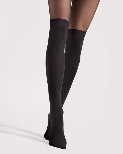 Fiore Eterno Tights 30 Den - Sheer black fashion pantyhose with an opaque pinstripe ribbed over the knee sock effect.