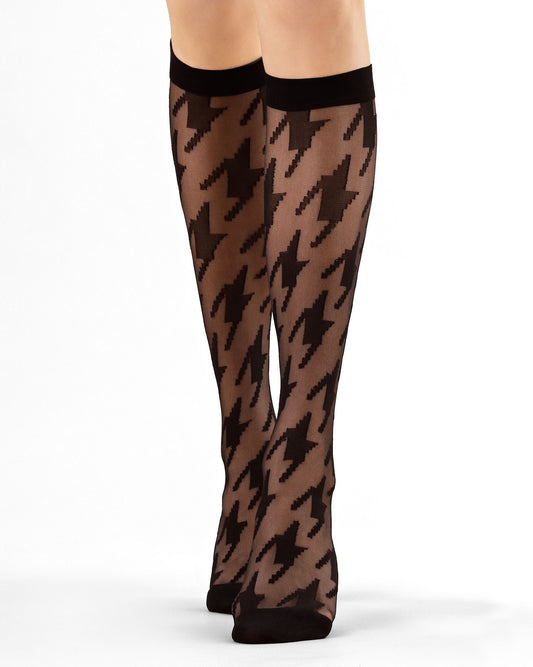 Fiore Grand Prix Knee-highs - Black sheer fashion knee-high socks with a large black woven houndstooth pattern and deep comfort.