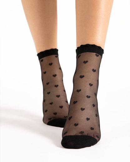 Fiore Iris Sock - Sheer black fashion ankle socks with an all over spotted heart pattern and scalloped edged cuff.