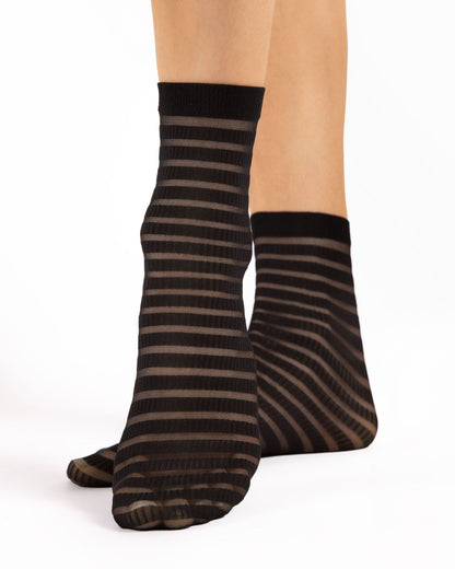 Fiore Izzy 20 Den - Black fashion ankle socks with a sheer and opaque ribbed horizontal stripe pattern and plain elasticated cuff.