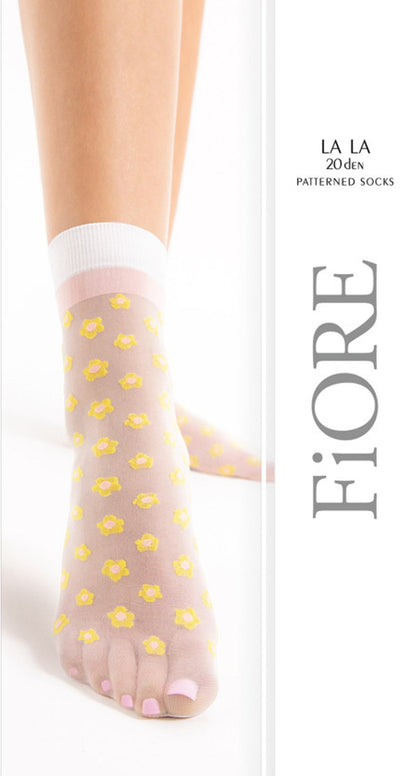 Fiore La La Sock - Sheer white fashion ankle socks with an all over woven floral pattern in yellow and pale pink and white stripe cuff. Packaging