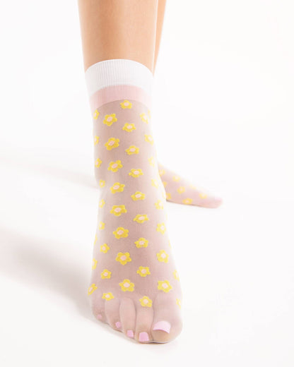 Fiore La La Sock - Sheer white fashion ankle socks with an all over woven floral pattern in yellow and pale pink and white stripe cuff.