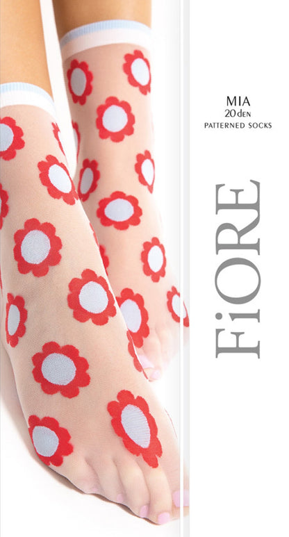 Fiore Mia Sock - Sheer white fashion ankle socks with an all over floral marigold style pattern in red and light blue and plain cuff with light blue and white stripe. Packaging.