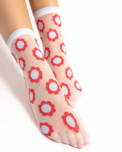 Fiore Mia Sock - Sheer white fashion ankle socks with an all over floral marigold style pattern in red and light blue and plain cuff with light blue and white stripe.