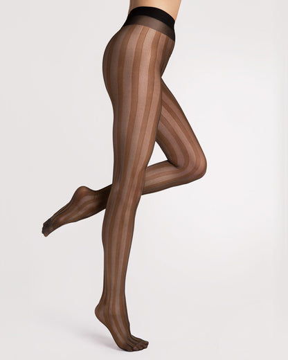 Fiore Raya Tights - Sheer black fashion tights with a woven brown vertical stripe pattern. Side view.