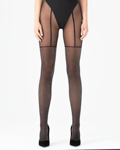 Fiore Stardust Tights - Semi sheer black fashion tights with a sparkly silver lam̩ over the knee stocking effect with simple black lines that resemble suspender belt straps.