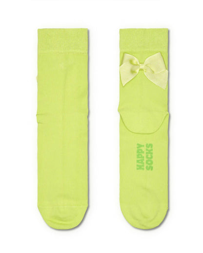 Happy Socks Bow Sock - Bright lime green quarter high (1/2 crew) cotton socks with same colour satin bows on the back, deep cuff, shaped heel and flat toe seam. Front and back view.