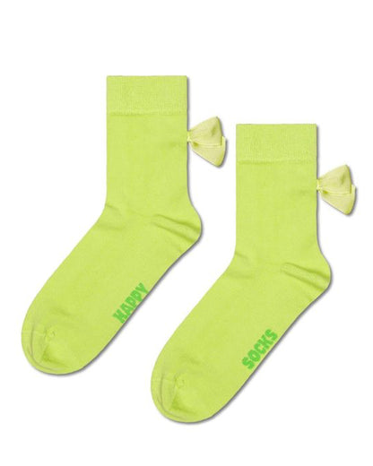 Happy Socks Bow Sock - Bright lime green quarter high (1/2 crew) cotton socks with same colour satin bows on the back, deep cuff, shaped heel and flat toe seam. Side view.