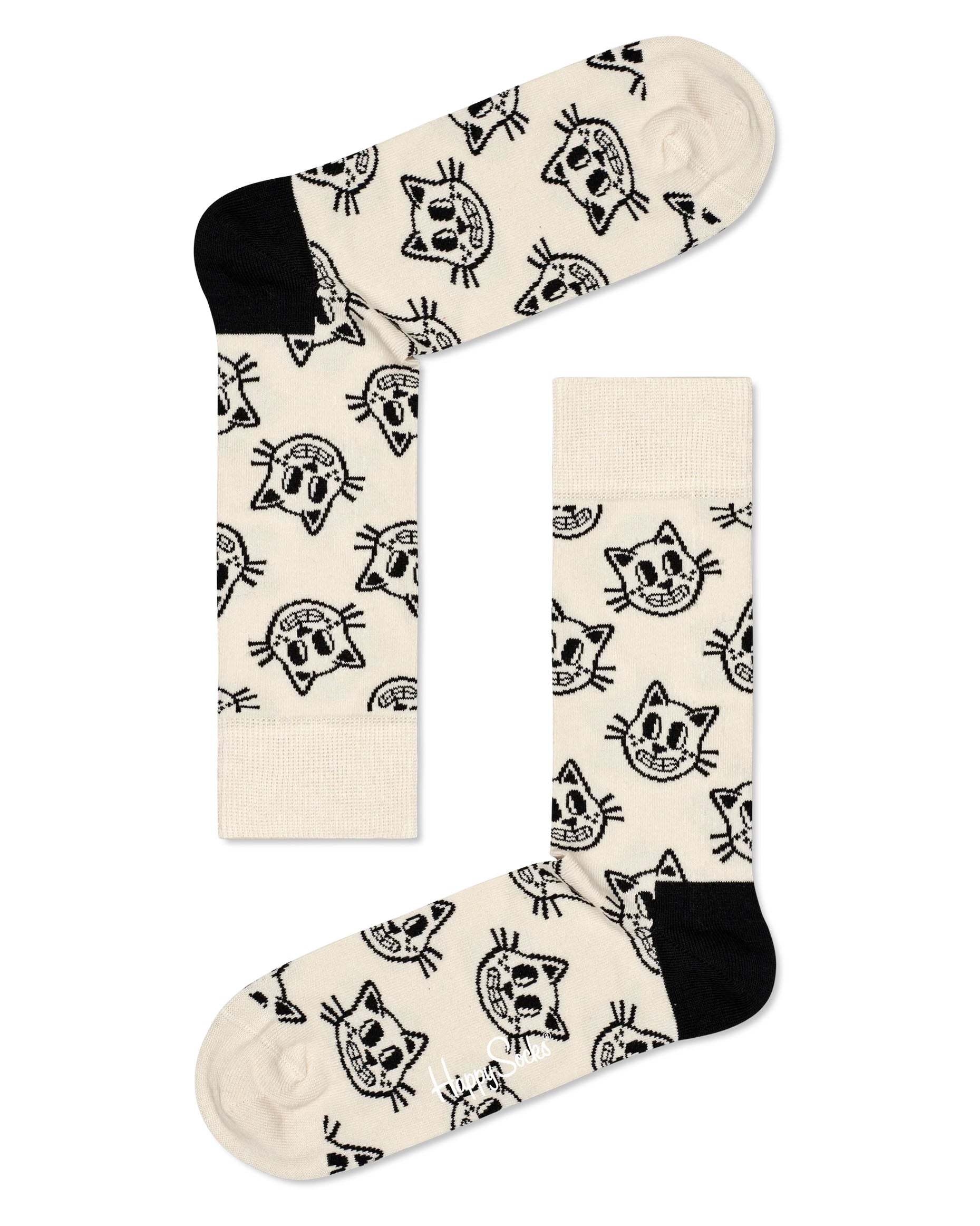 Happy Socks CAT01-9100 Cat Sock - Cream cotton mix crew length ankle socks with a cartoon cat face pattern in black with a black heel.