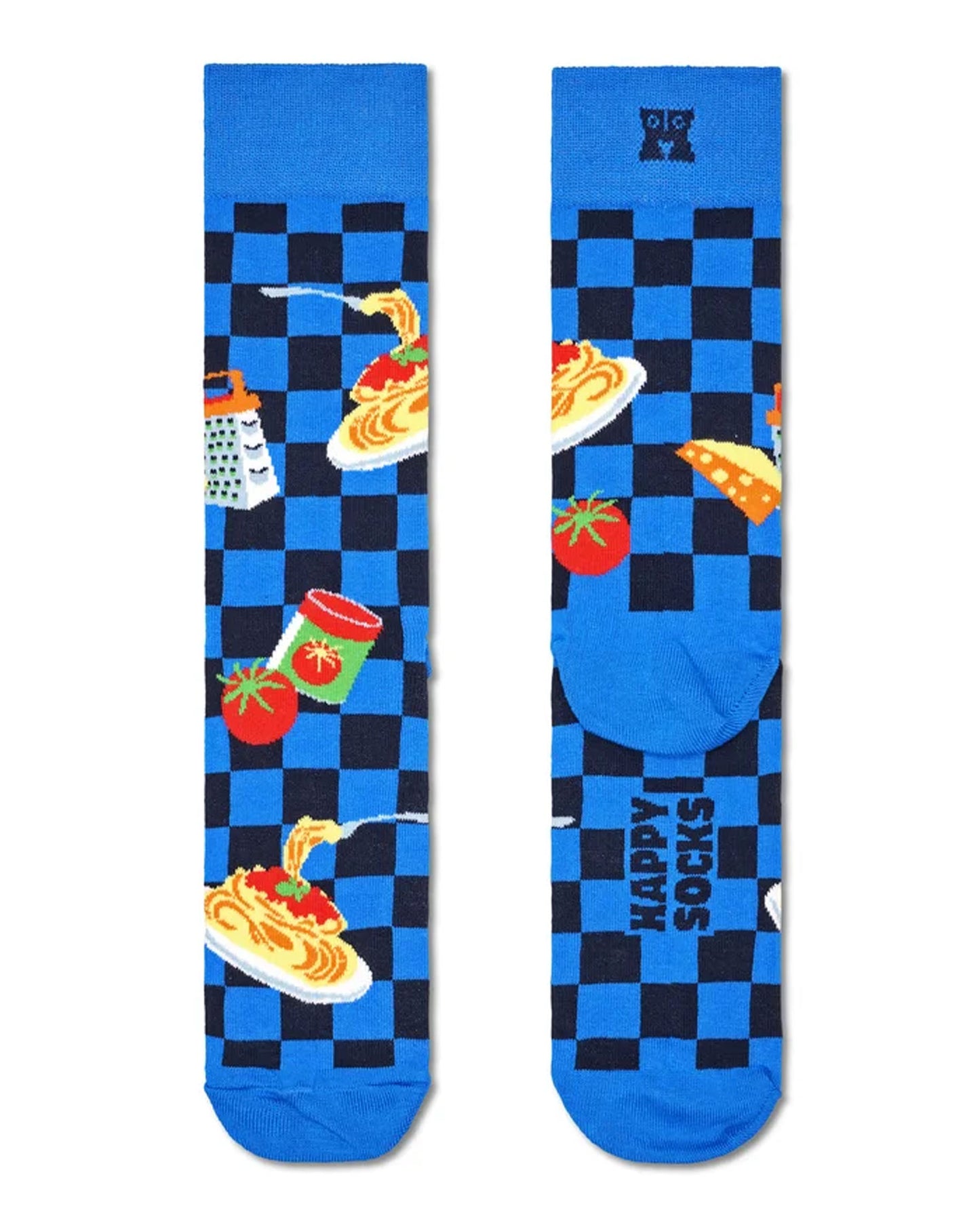 Happy Socks Dinner Sock - Blue and black checkered pattern cotton crew socks with dinner themed images of spaghetti bolognese, tinned tomatoes, cheese and cheese grater, deep cuff, shaped heel and flat toe seam. Front and back view.