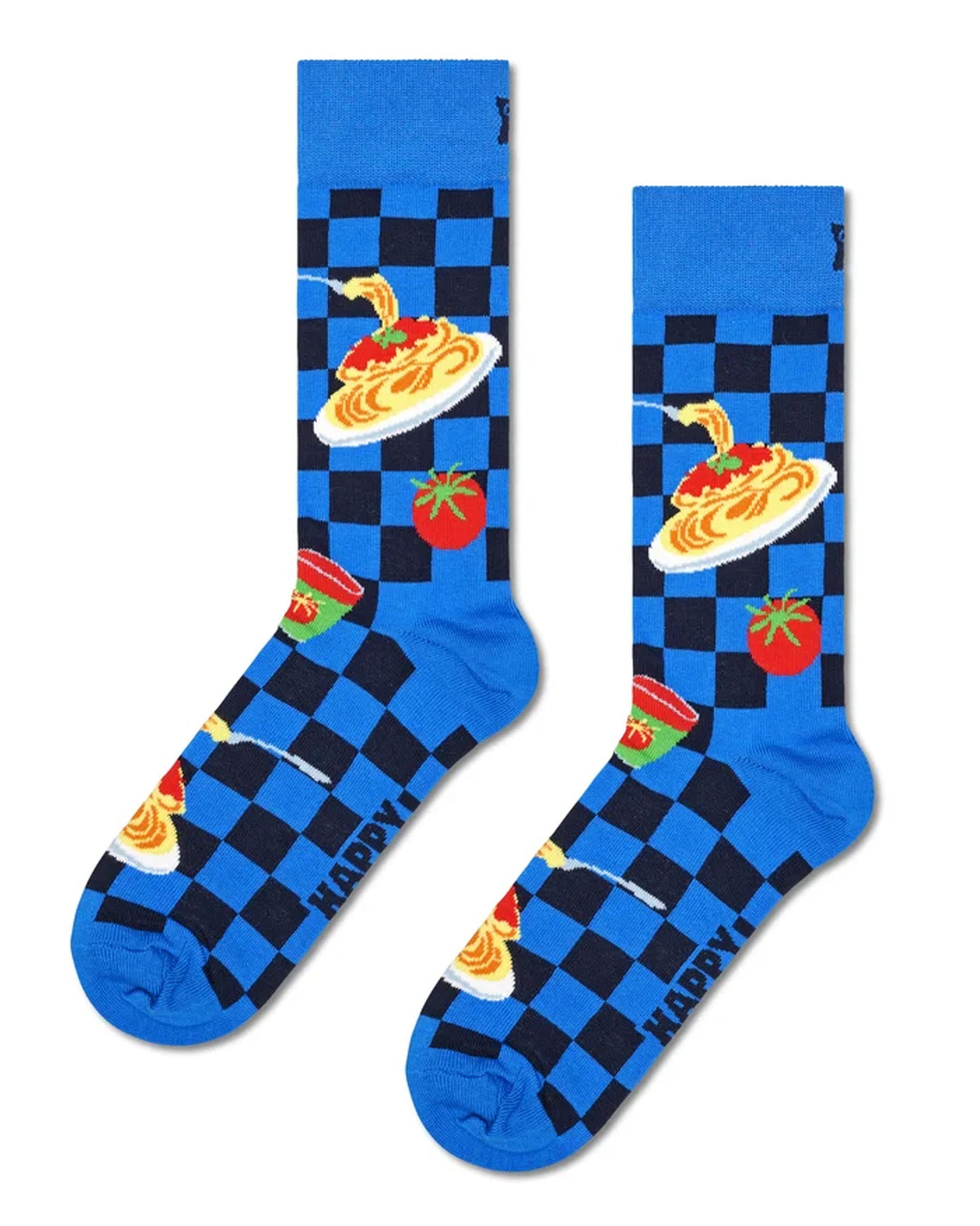 Happy Socks Dinner Sock - Blue and black checkered pattern cotton crew socks with dinner themed images of spaghetti bolognese, tinned tomatoes, cheese and cheese grater, deep cuff, shaped heel and flat toe seam. Side view.