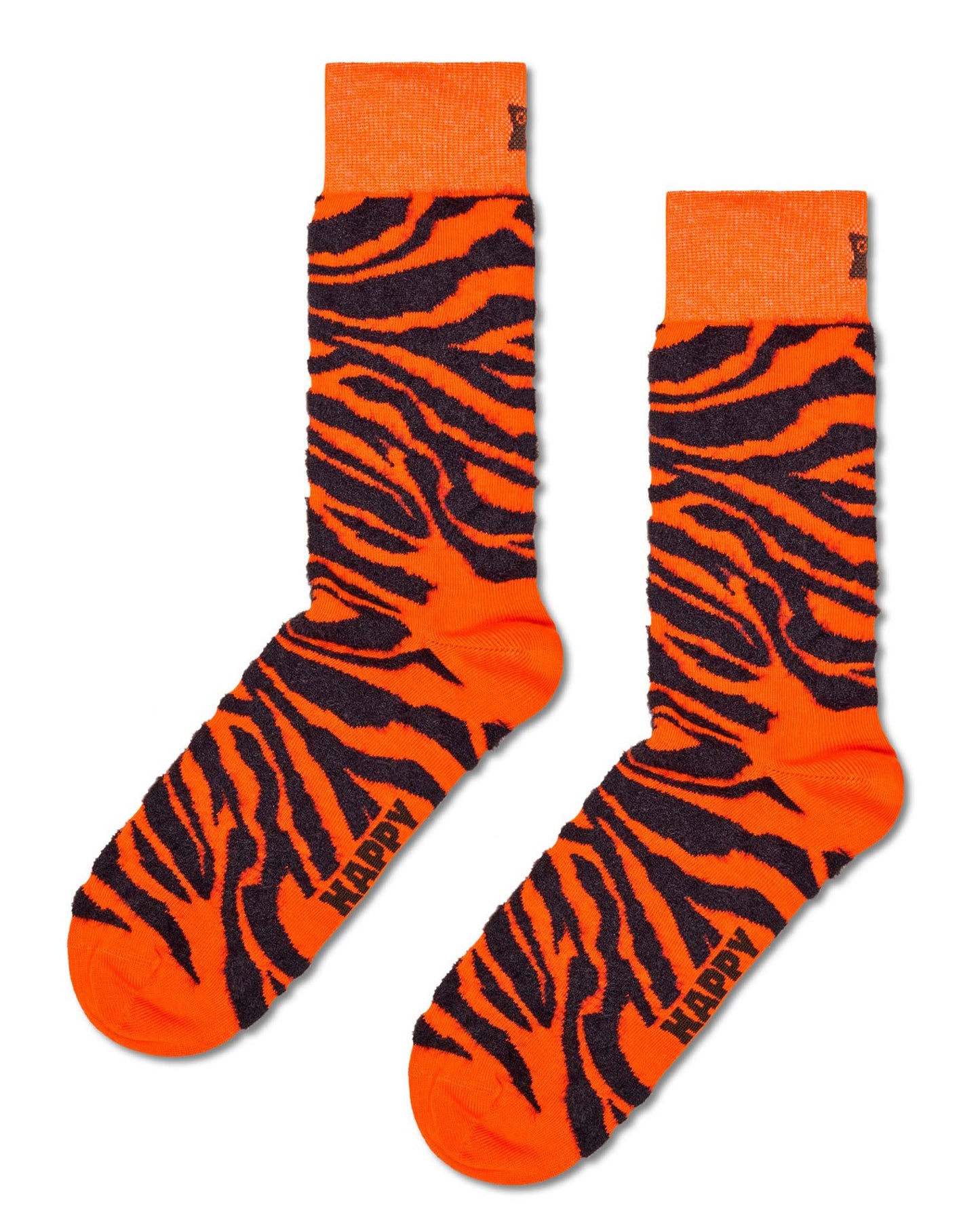 Happy Socks Fluffy Zebra Socks - Orange crew length ankle socks with a fluffy dark grey zebra style animal print pattern, deep cuff, shaped heel and flat toe seam.