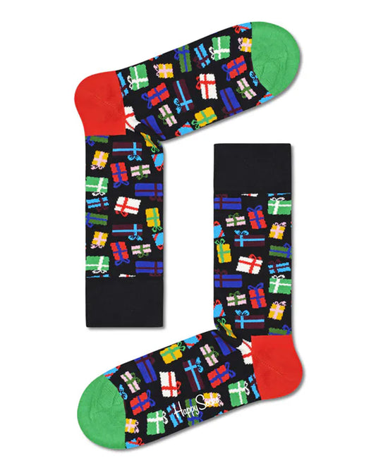 Happy Socks Gift Bonanza Sock - Black cotton crew length ankle socks with an all over multicoloured pattern of bow wrapped Christmas presents &amp; gifts, deep cuff, red shaped heel and green toe.