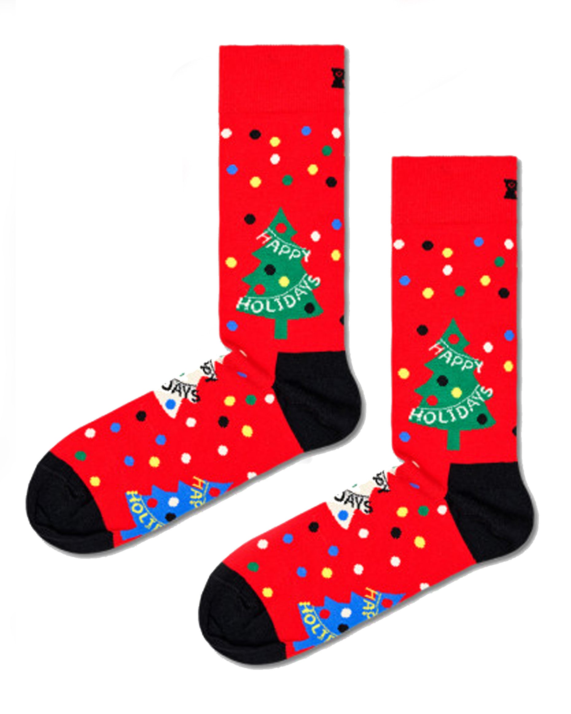 Happy Holidays Sock - Red cotton crew length ankle socks with a Xmas tree pattern saying "Happy Holidays" on it, polka dots, deep cuff, black shaped heel and black toe seam.