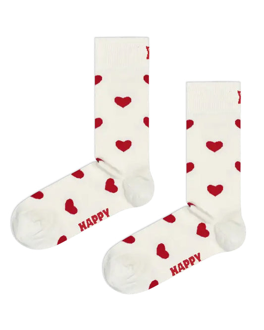 Happy Socks Heart Sock - Cream cotton crew length ankle socks with a red love heart pattern, deep cuff, shaped heel and flat toe seam.