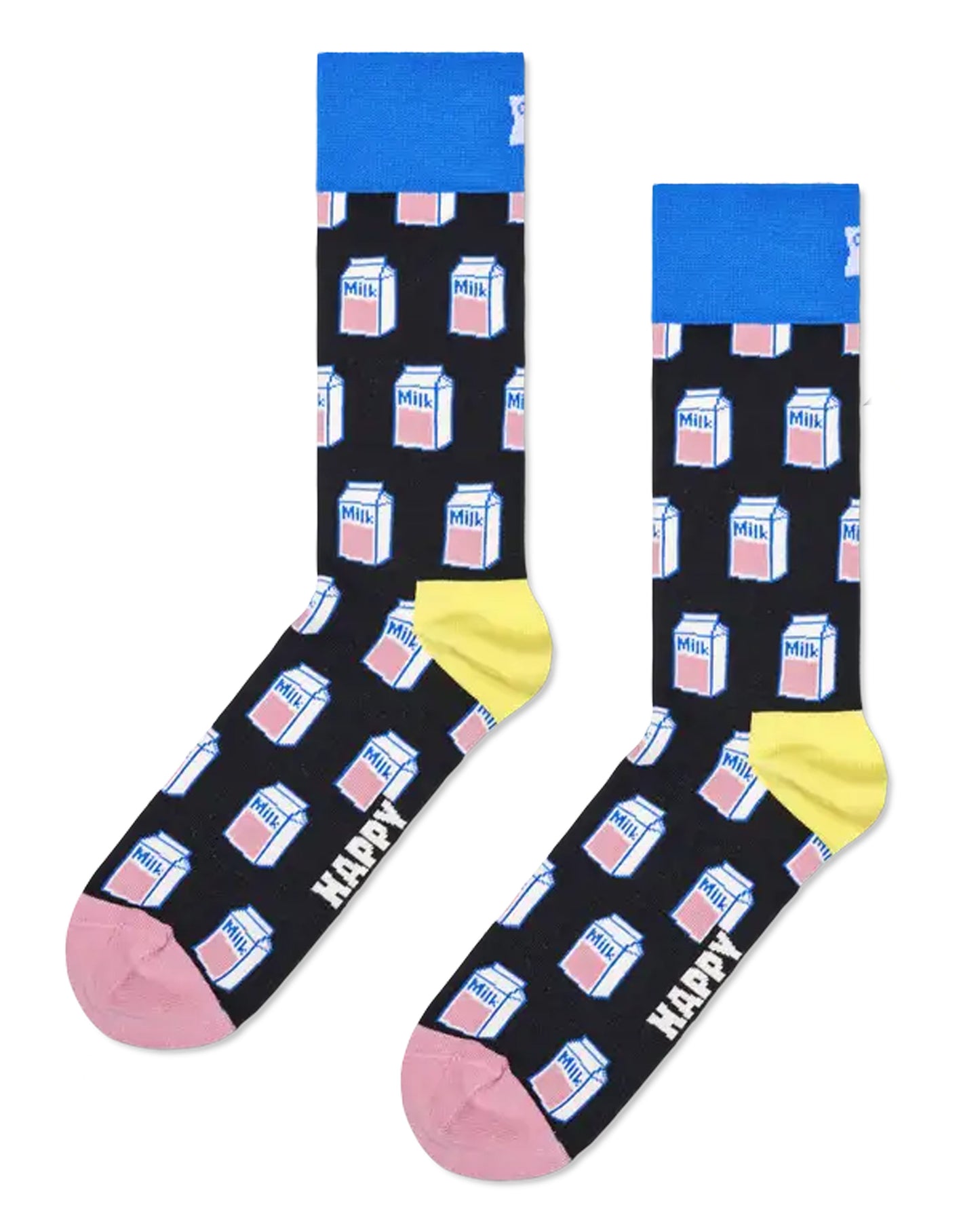 Black cotton crew length ankle socks with a white milk carton pattern with pink and blue, blue deep cuff, yellow heel and light pink toe. 