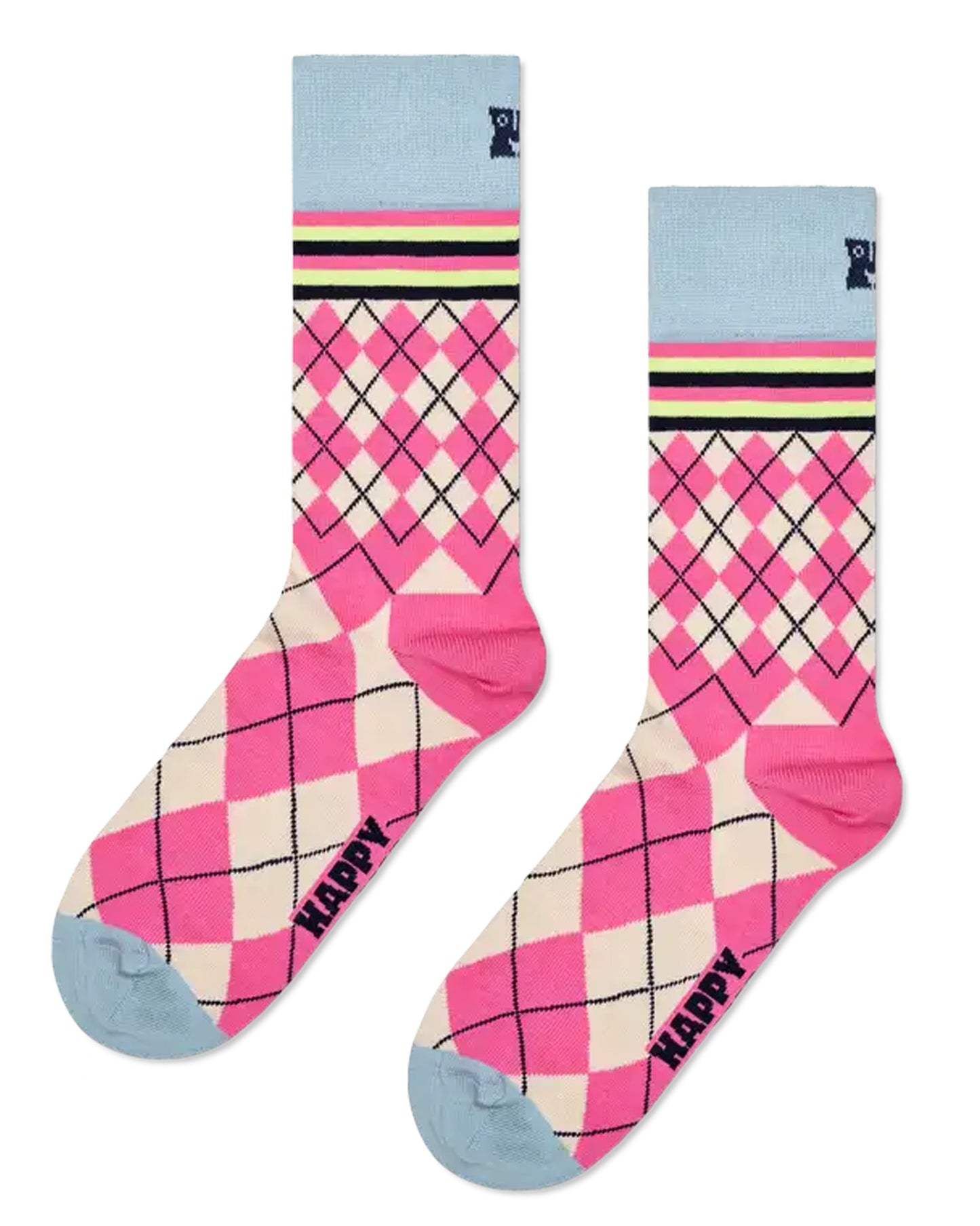 Happy Socks Mixed Argyle Sock - Argyle pattern cotton crew length ankle socks in pink and cream, with pale grey deep cuff with pink, black and lime green stripe shaped heel and grey flat toe seam.