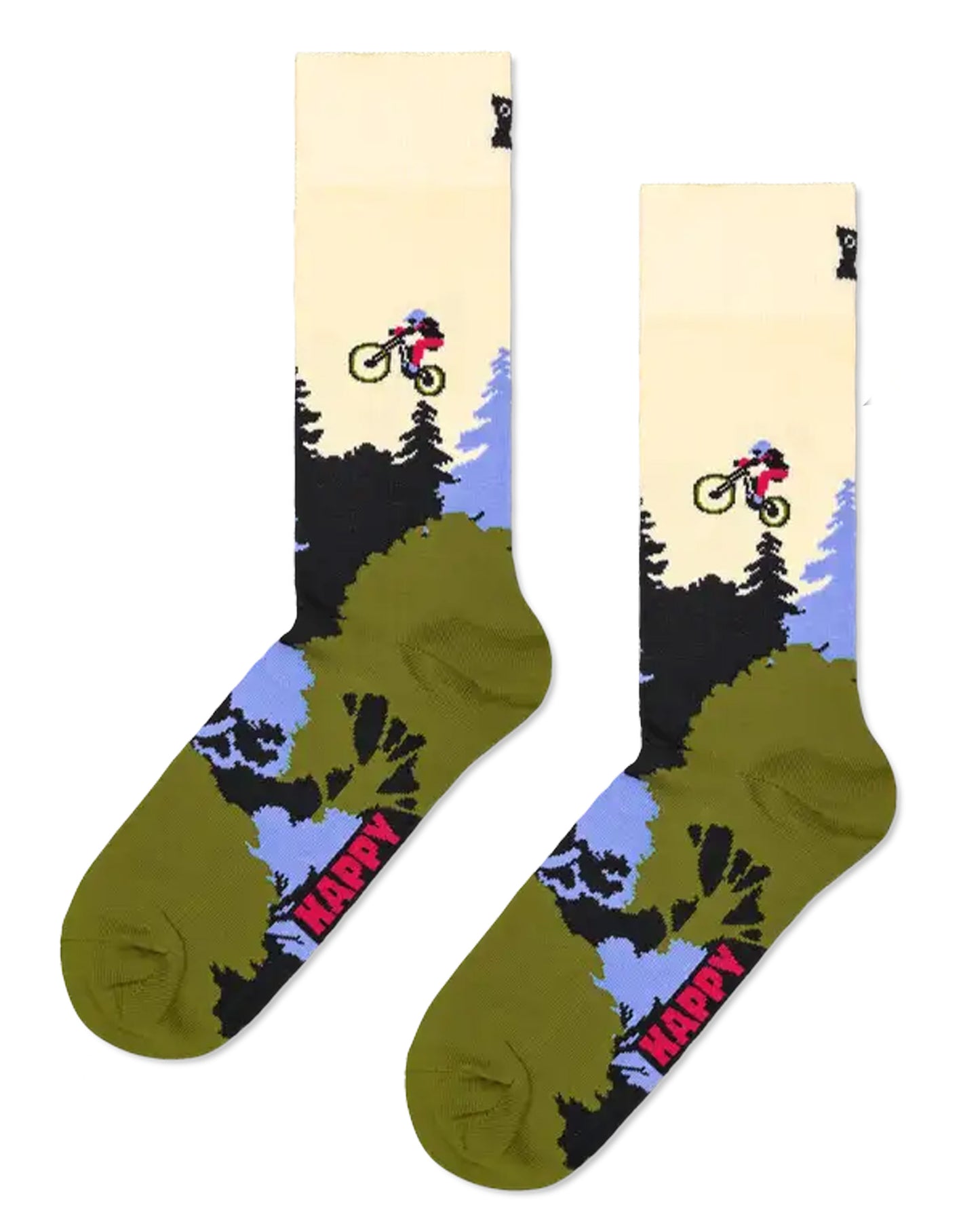 Happy Socks Mountain Bike Sock - Cotton crew length ankle socks with a mountain bike forest scene in cream, khaki green, lilac purple, black and pink.