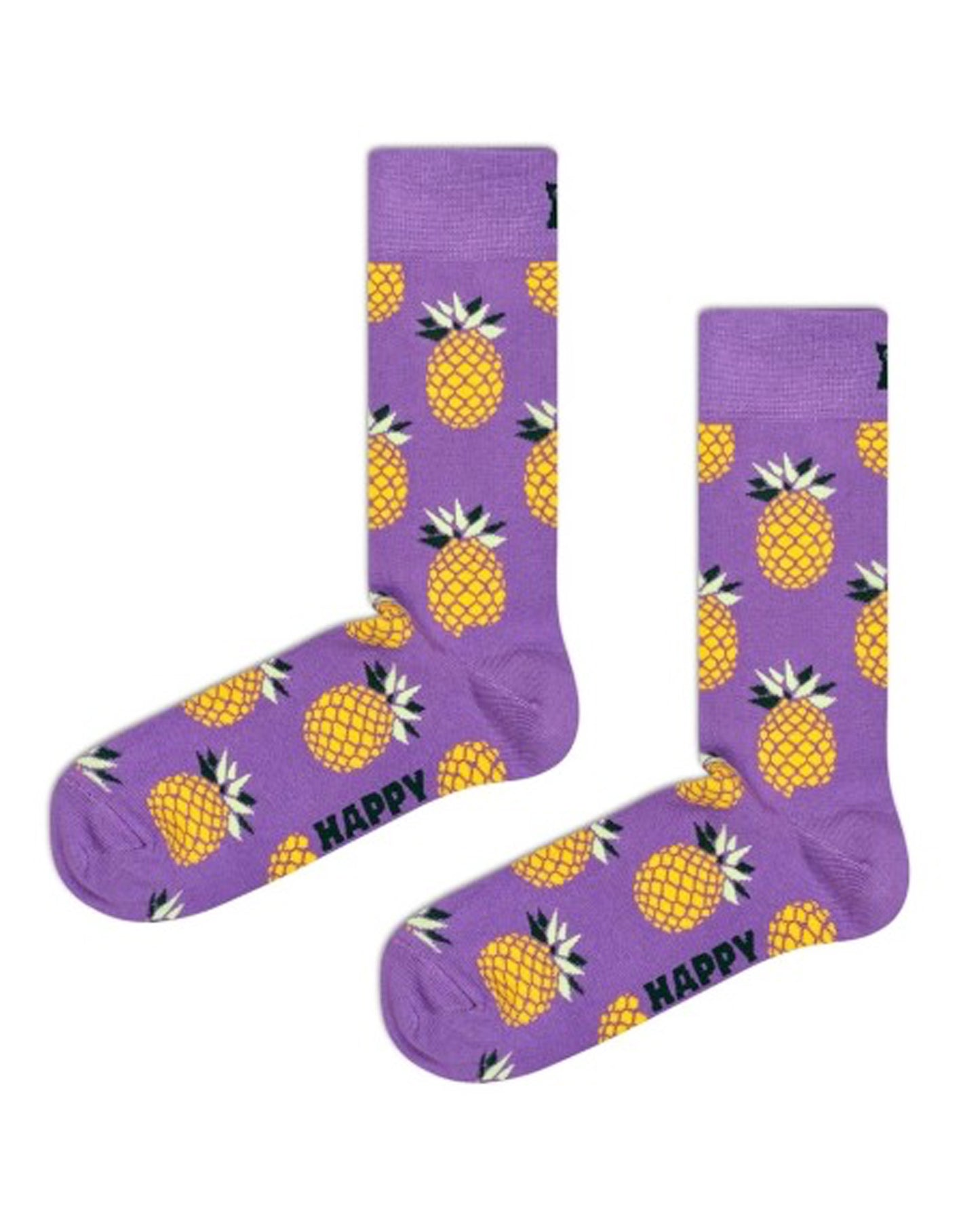 Happy Socks Pineapple Sock - Light purple cotton crew length ankle socks, with an all over pineapple pattern in shades of yellow, black and white, deep cuff, shaped heel and flat toe seam.