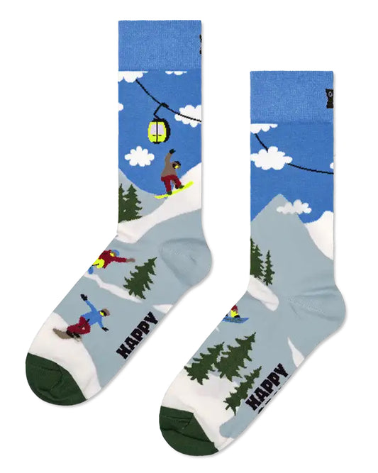 Happy Sock Snowboarding Sock - Cotton crew length ankle socks with a snowboarding and skiing slope scene with pine trees, gondolas, blue sky with clouds, deep cuff, shaped heel and flat toe seam.