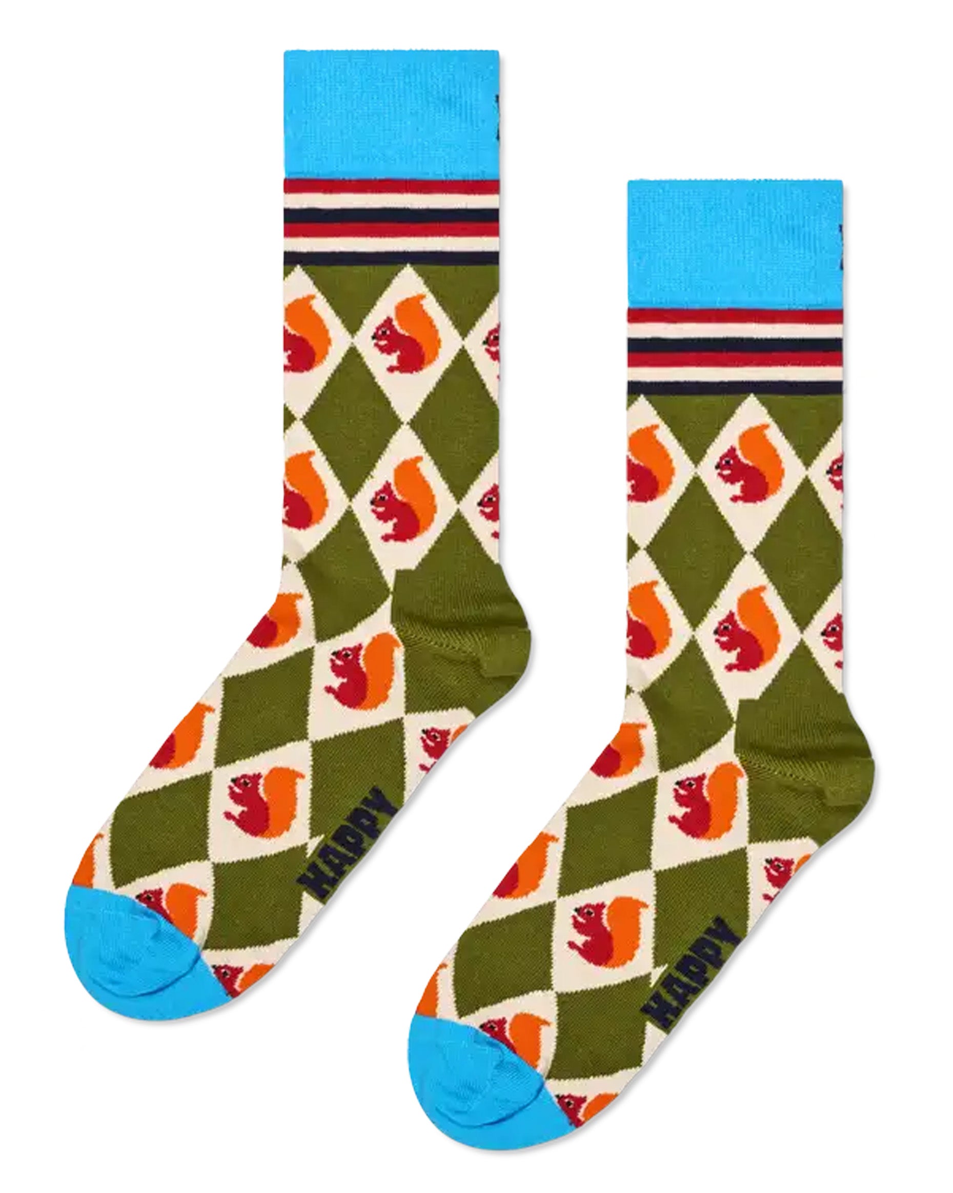 Happy Socks Squirrel Sock - Cotton crew length ankle socks with a khaki green and cream diamond pattern with red squirrels, deep blue cuff with red, cream and black stripe, shaped heel and blue flat toe seam.