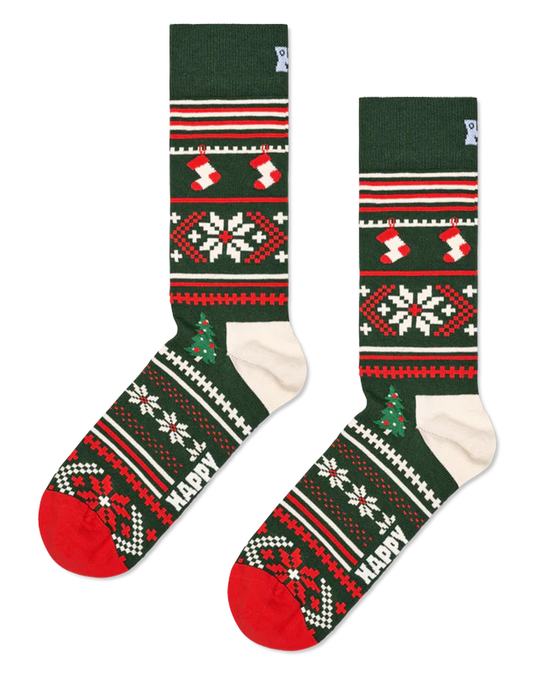 Happy Socks Christmas Sweater Sock - Dark green cotton crew length ankle socks with a Nordic/Fairisle style pattern of snowflakes, Christmas trees, stockings and stripes, deep cuff, shaped heel and flat toe seam.