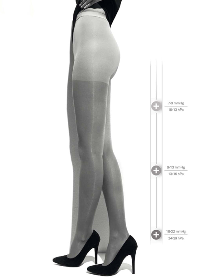 Ibici Segreta 140 Collant - compression support tights are transparent with a light mesh look with reinforced body, flat seams, comfort waist band, anatomical heel and reinforced toes. Useful in the presence of dilated capillaries, varicose veins and for long haul flights. Measurements