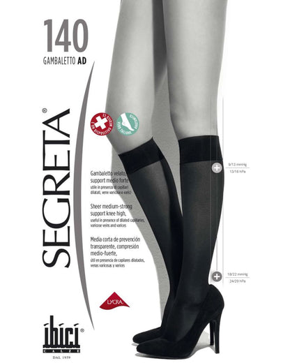 Ibici 00063 Segreta 140 Gambaletto Packaging - Black semi-opaque compression support knee-high socks.