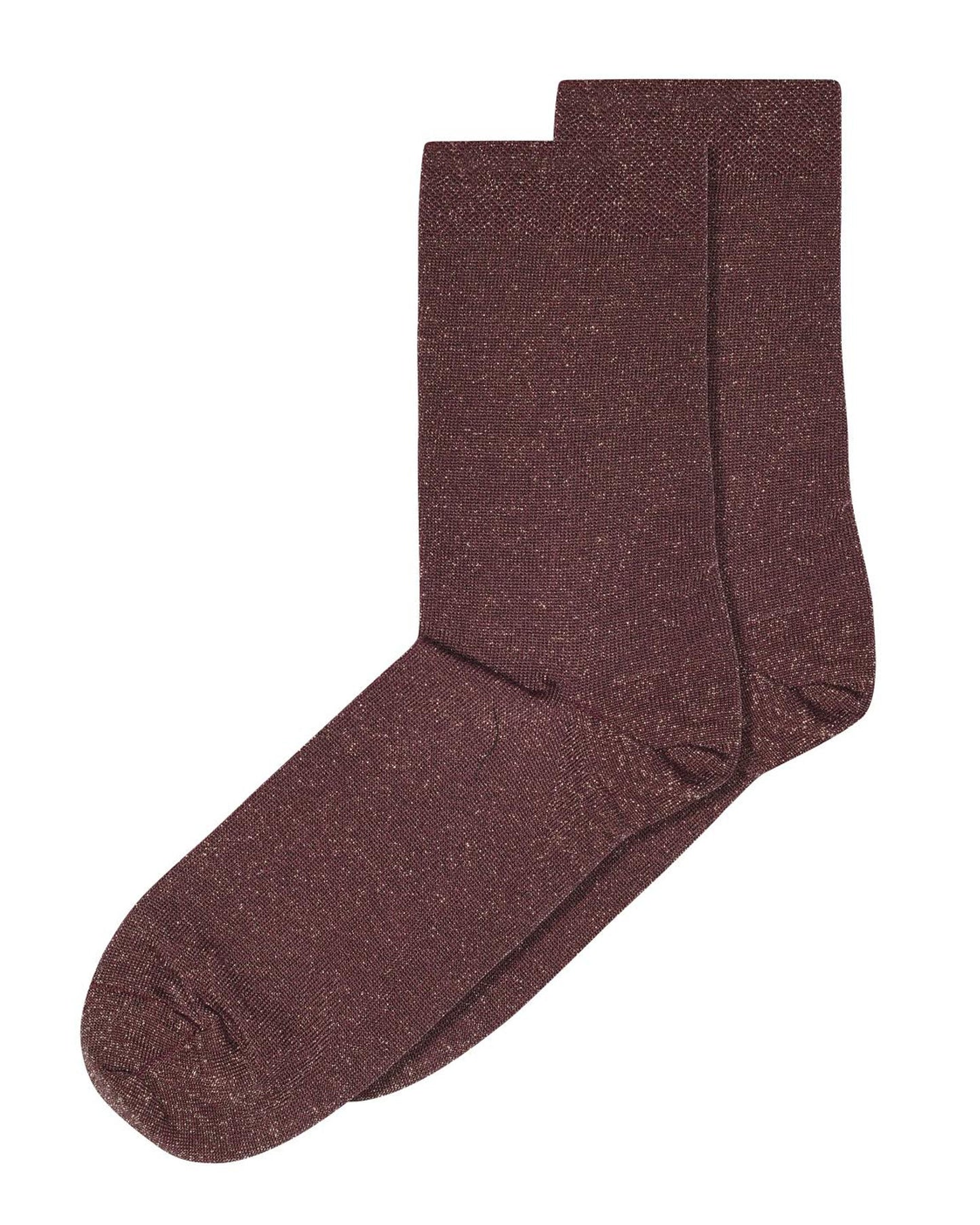 MP Denmark Lucinda Socks - Aubergine cotton mix crew length ankle socks with silver lurex knitted through, shaped heel and a deep elasticated comfort cuff with a rolled raw edge.