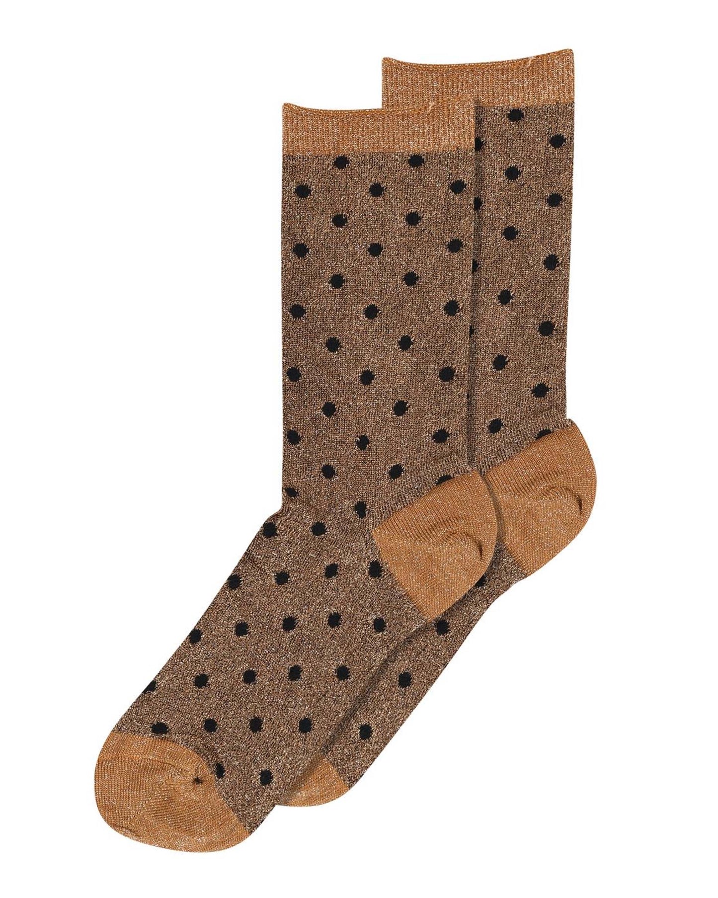 MP Denmark Donna Socks - Sparkly bronze gold lamé fashion ankle socks with an all over black polka dot pattern, contrasting cuff, heal and toe.