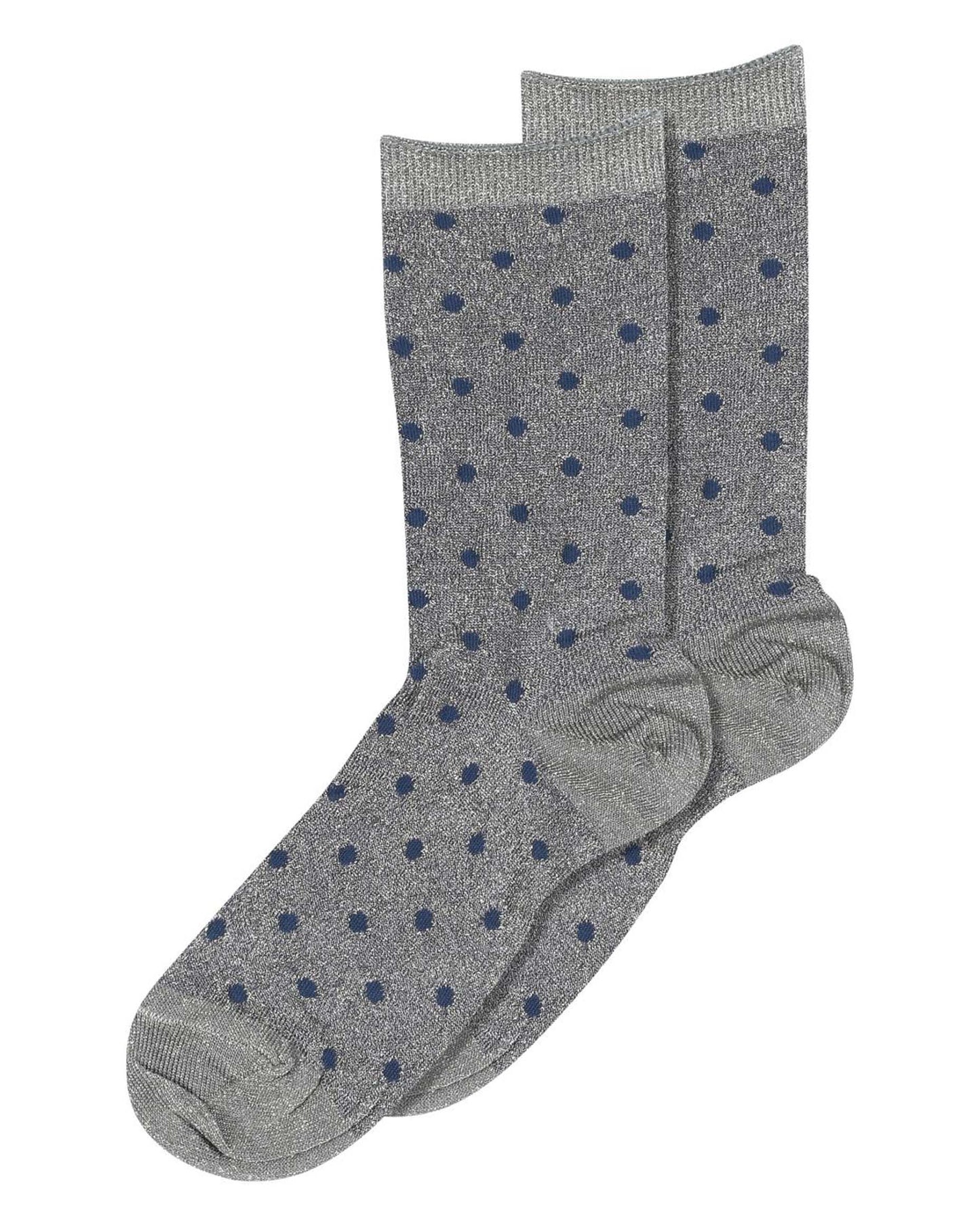 MP Denmark Donna Socks - Sparkly silver lamé fashion ankle socks with an all over black polka dot pattern in denim blue.