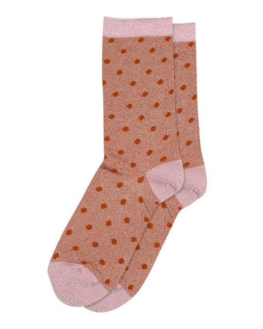 MP Denmark Donna Glitter Socks - Light orange sparkly lamé fashion ankle socks with an all over polka dot pattern with a light pink cuff, heal and toe.